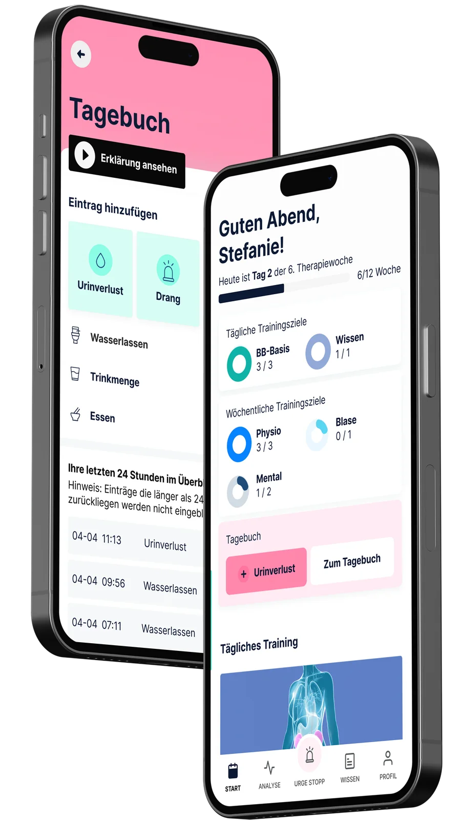 Die Kranus Health App mit Tagesübersicht und Tagebuch